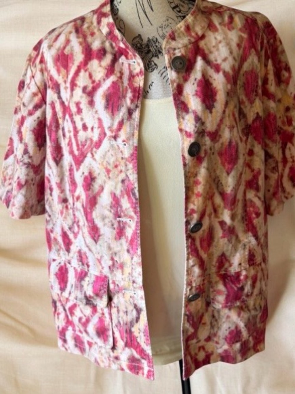 Chico’s Short Sleeve Denim Jacket Pink Patterned